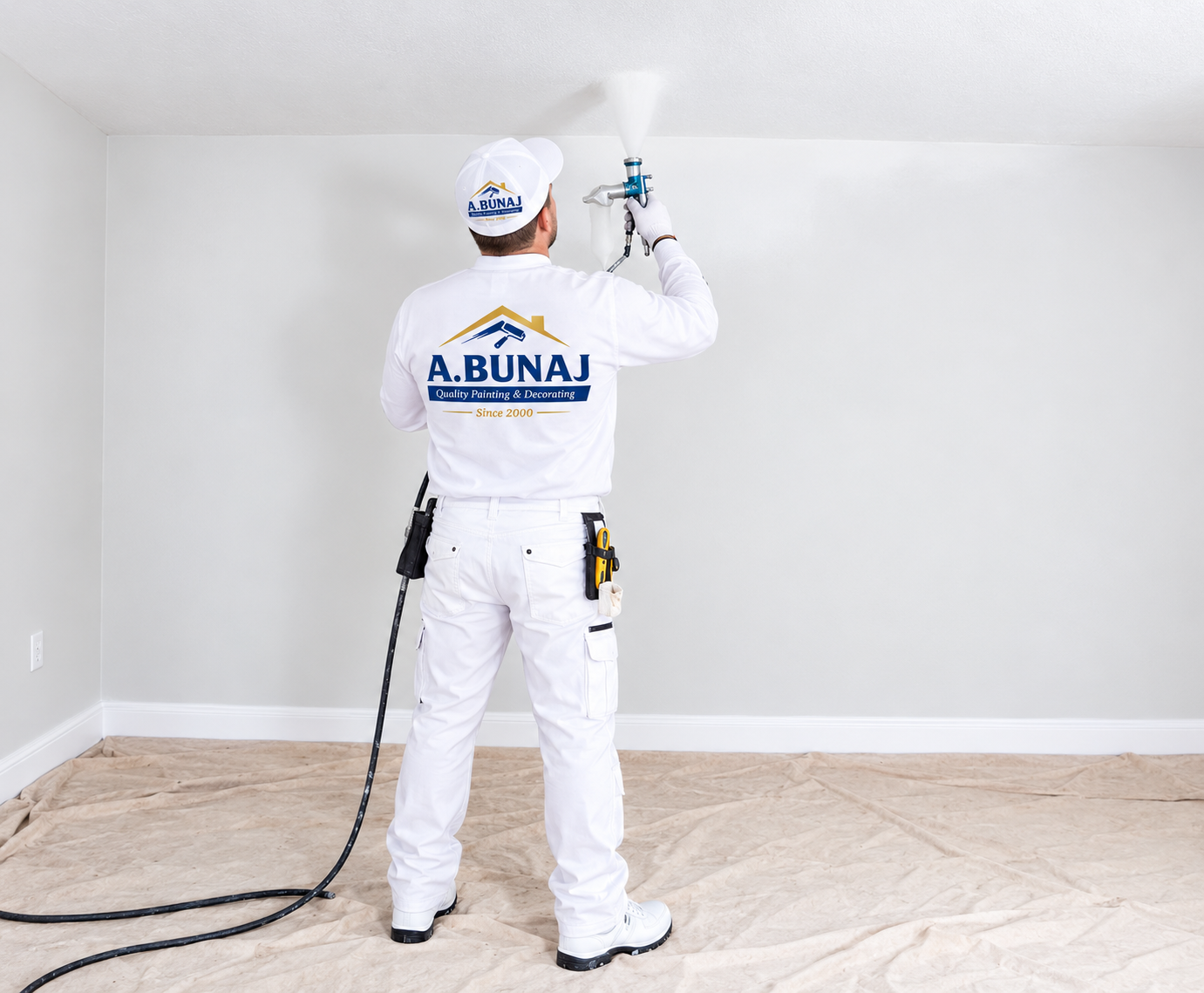A.Bunaj painter spray painting a smooth white ceiling with drop sheets covering the floor