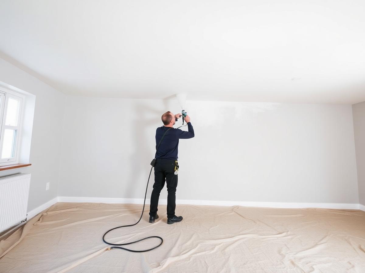 Painter spraying a smooth white ceiling with drop sheets on the floor