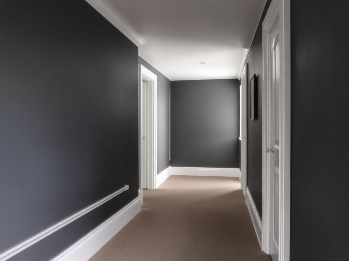 Repainted apartment hallway with dark feature walls and white trims