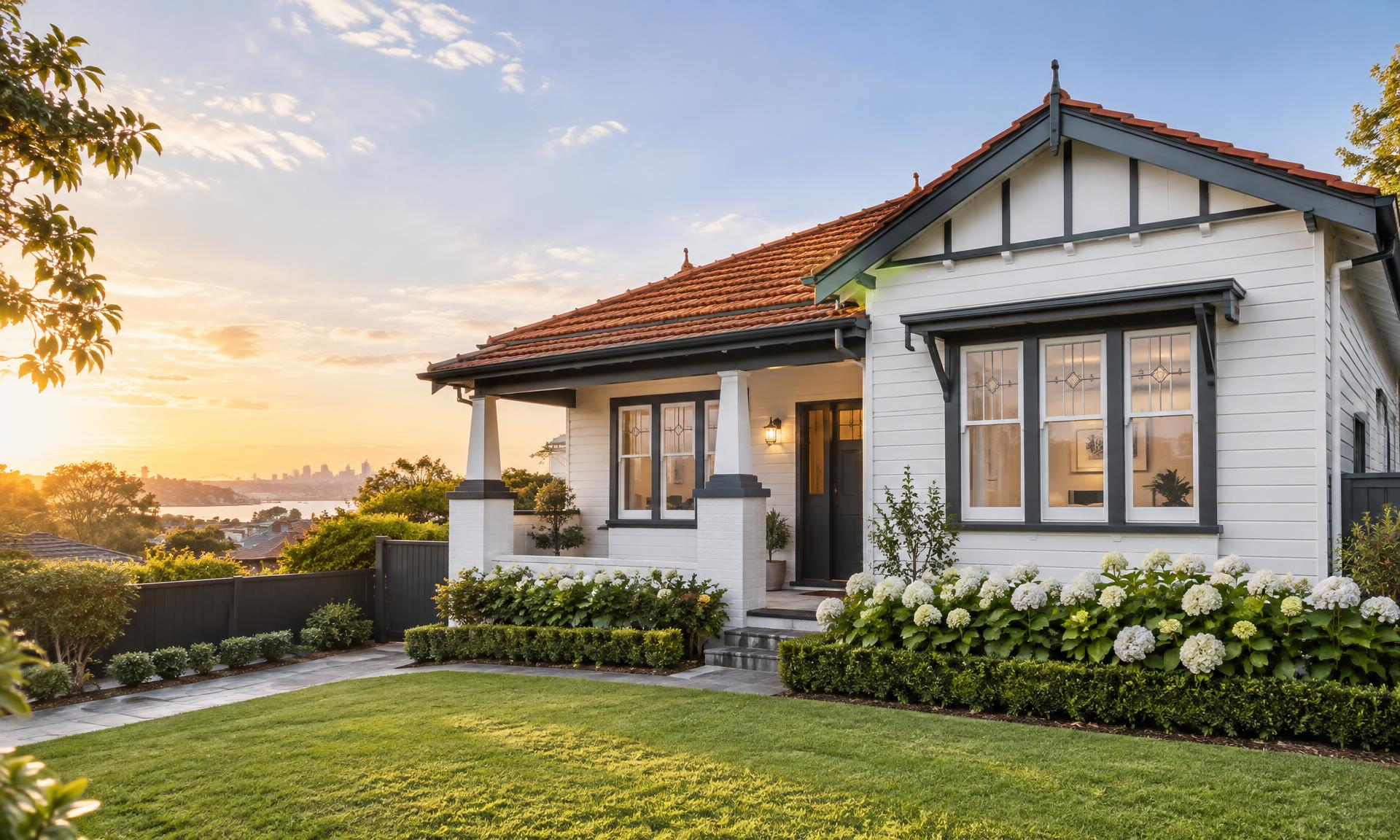 Single-storey Sydney weatherboard home with freshly painted cream walls, charcoal trims and a painted porch